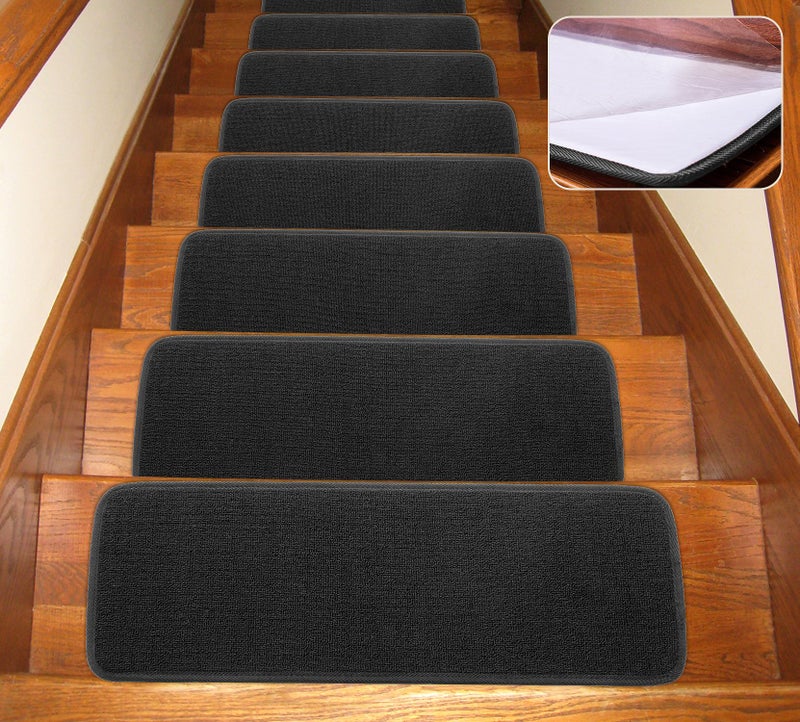 Seloom 13pcs Carpet Stair Treads, Indoor Non-Slip Edging Stair Rugs Covers Rubber Backing Anti Slip Indoor Stair Mats Removable Washable Step Runners for Wooden Stairs(25.5Ã—9.5In,Dark Grey) - Image 1